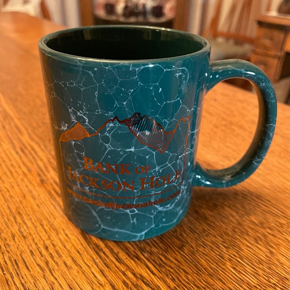 Bank of Jackson Hole Green Marbled Design Coffee Cup Mug